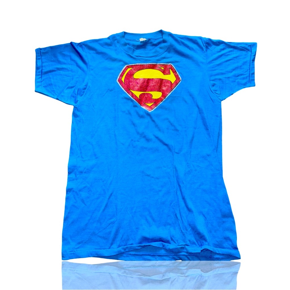 Vintage 70’s Superman Logo Iron On Transfer: Adult XL Blue T-Shirt